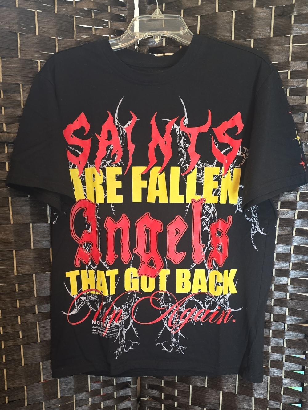 Motive Denim Mens "Saints Are Fallen Angels" Graphic T-Shirt, Medium, EUC